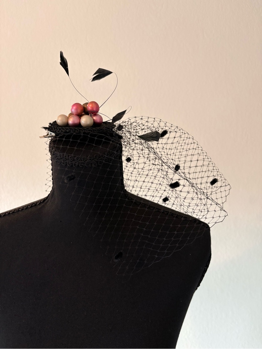 Black Veiled Fascinator with Feathers and Pink Pearl Accents
